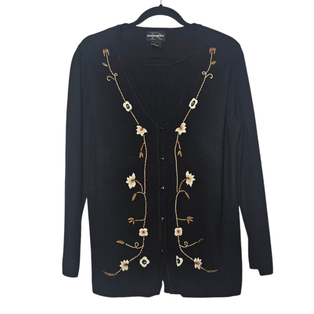 Requirements Black Faux Cardigan Medium Crew Neck Button Floral Embroidered Fall